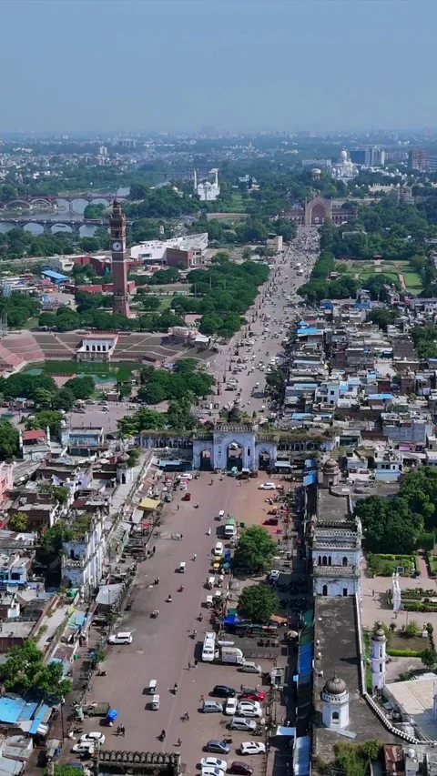 Vertical Aerial View of Husainabad Monuments in Lucknow India Stock Footage 332328491