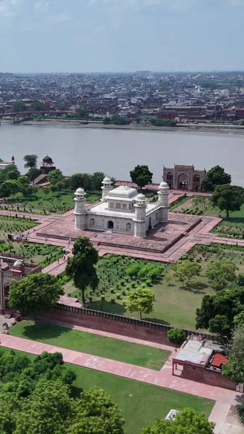 Vertical Aerial View of Itmad ud Daulah Tomb in Agra India Stock Footage 332547064
