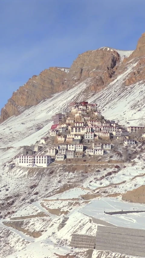 Vertical Aerial View of Key Monastery in Snow Covered Spiti Valley Stock-Footage 335115415