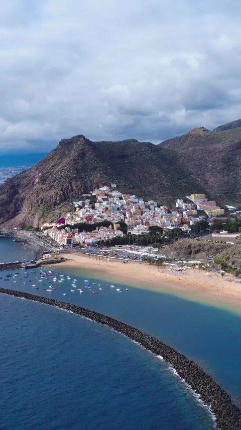 Vertical Aerial View of Las Teresitas Beach, Marina and San Andres Village Stock Footage 344851111