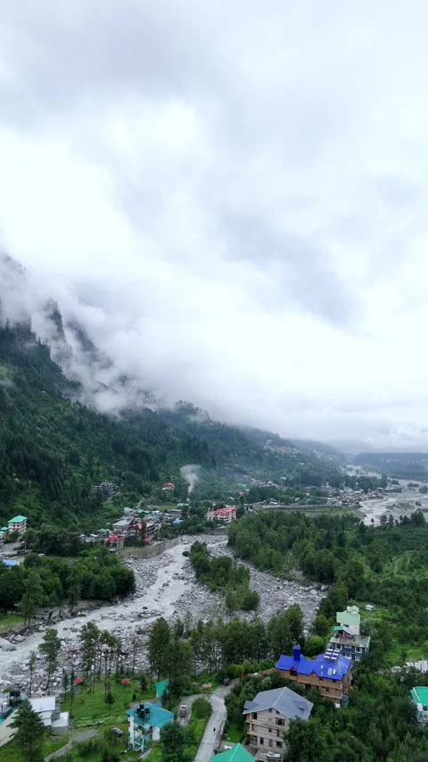 Vertical aerial view of local homes in lush rural setting. Stock Footage 310659411