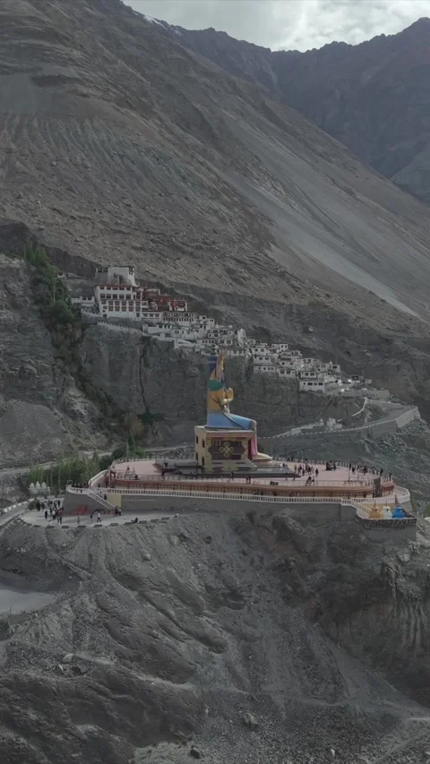 Vertical Aerial View of Maitreya Buddha Statue at Diskit Monastery Stock Footage 342577092