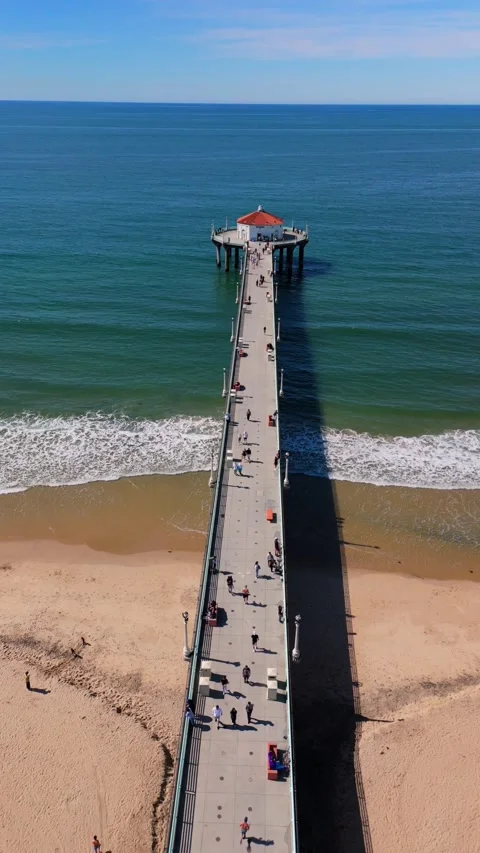 Vertical Aerial View of Manhattan Beach Pier and Pacific Ocean California USA Stock Footage 337881610