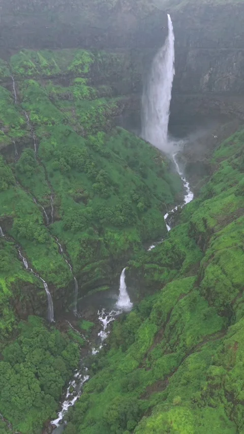 Vertical Aerial View of Marleshwar Dhareshwar Waterfall Ratnagiri Maharashtra Stock Footage 345210203