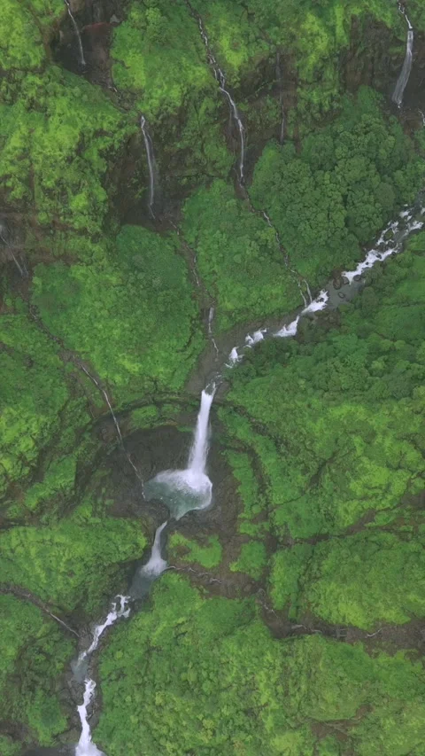 Vertical Aerial View of Marleshwar Dhareshwar Waterfall Ratnagiri Maharashtra Stock Footage 345210231