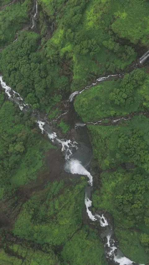 Vertical Aerial View of Marleshwar Dhareshwar Waterfall Ratnagiri Maharashtra Stock Footage 345210248