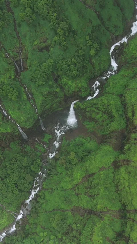 Vertical Aerial View of Marleshwar Dhareshwar Waterfall Ratnagiri Maharashtra Stock Footage 345210256