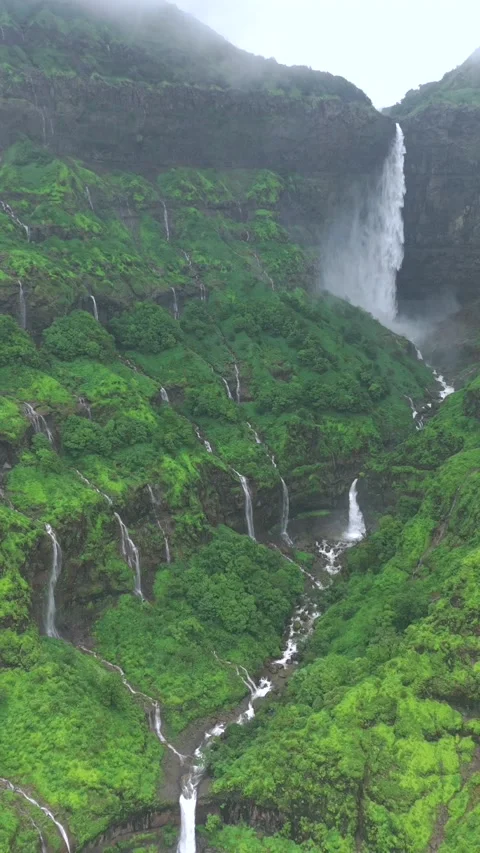 Vertical Aerial View of Marleshwar Dhareshwar Waterfall Ratnagiri Maharashtra Stock Footage 345210312