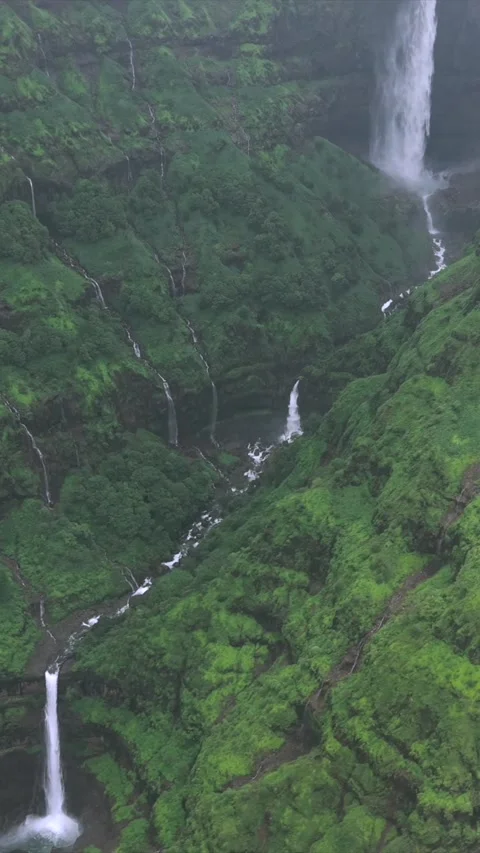 Vertical Aerial View of Marleshwar Dhareshwar Waterfall Ratnagiri Maharashtra Stock Footage 345212176
