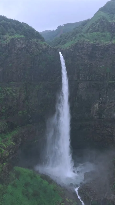 Vertical Aerial View of Marleshwar Dhareshwar Waterfall Ratnagiri Maharashtra Stock Footage 345212286