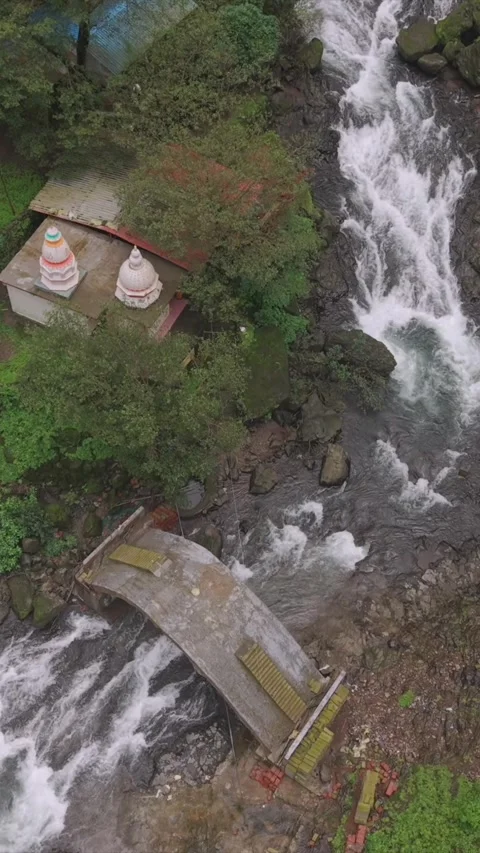 Vertical Aerial View of Marleshwar Dhareshwar Waterfall Ratnagiri Maharashtra Stock Footage 345212539