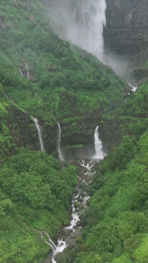 Vertical Aerial View of Marleshwar Dhareshwar Waterfall Ratnagiri Maharashtra Stock Footage 345212591