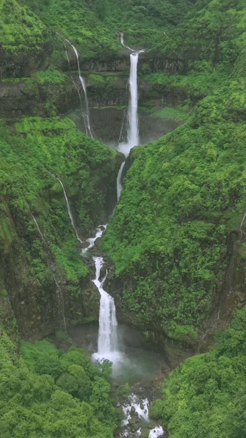Vertical Aerial View of Marleshwar Dhareshwar Waterfall Ratnagiri Maharashtra Stock Footage 345212684