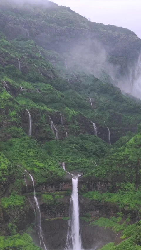 Vertical Aerial View of Marleshwar Dhareshwar Waterfall Ratnagiri Maharashtra Stock Footage 345212691