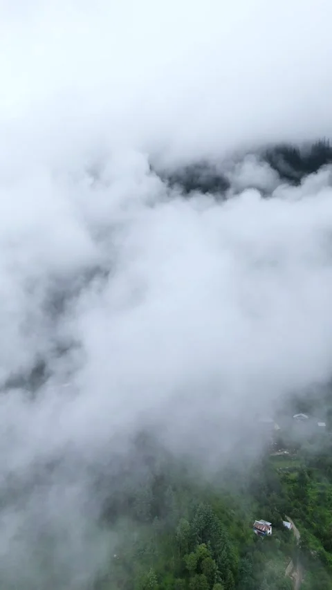 Vertical aerial view of misty mountains and vibrant greenery in Himachal Stock Footage 310659305