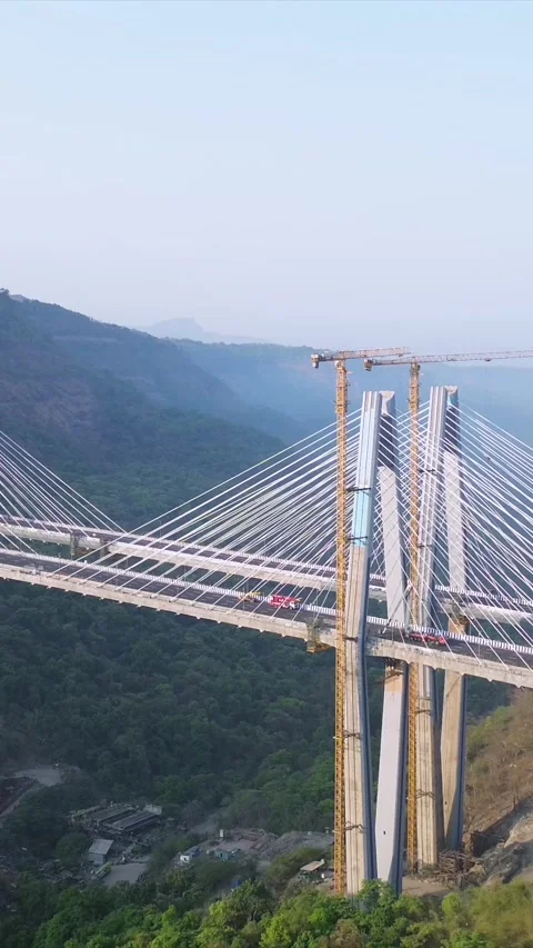 Vertical Aerial View of Mumbai–Pune Expressway Missing Link Cable-Stayed Bridge Видео 339882108