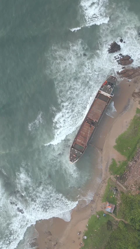 Vertical Aerial View of MV Maa Shipwreck at Yarada Beach Visakhapatnam Video stock 336380518