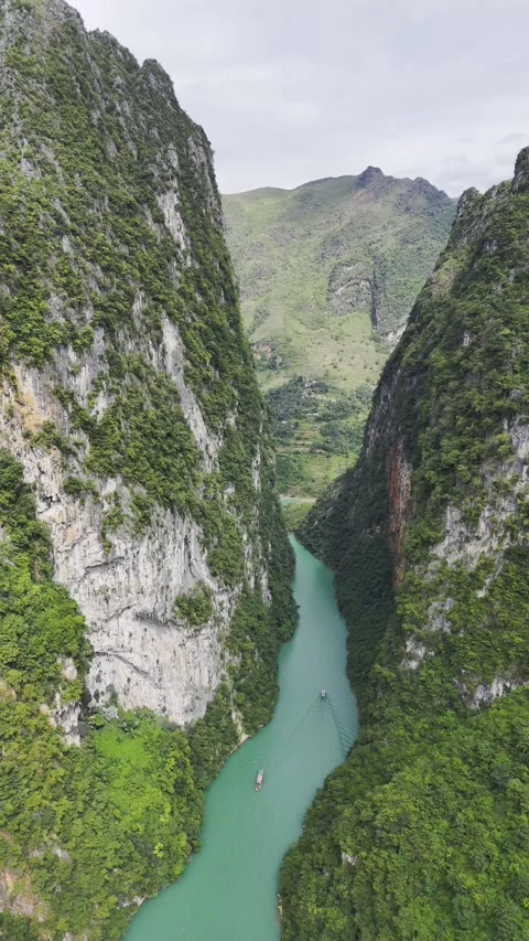 Vertical aerial view of Nho Que River - Ha Giang, Vietnam – 4K Stock Footage 325040476
