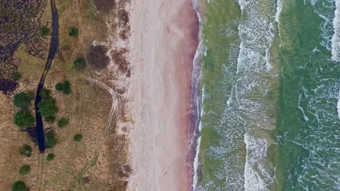 Vertical Aerial View, Nida Beach Waves Rolling Across Baltic Sea Shore in Latvia Stock Footage 340257997