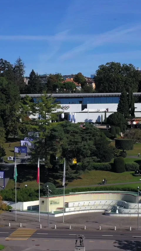 Vertical Aerial View of Olympic Museum Lausanne Switzerland Stock Footage 335682590