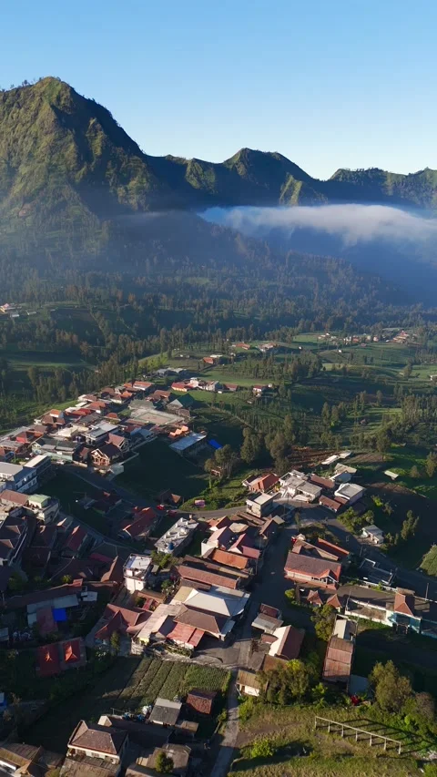 Vertical aerial view over Cemoro Lawang in east Java, base for hiking Mt Bromo Stock Footage 317977606