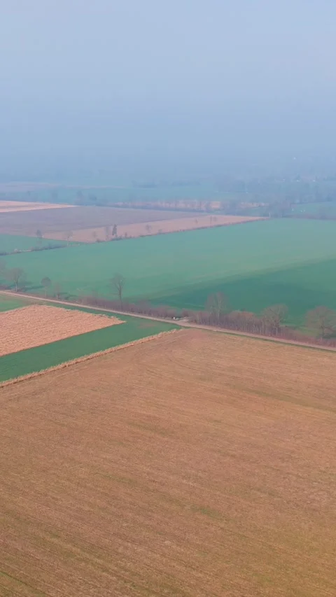 Vertical aerial view of patchwork agricultural fields in a misty rural land Vídeo Stock 332741874