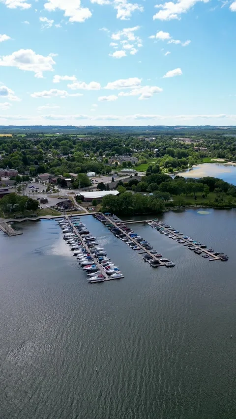 Vertical Aerial View of Port Perry Marina and Waterfront Stock Footage 330848973