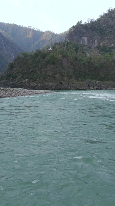 Vertical Aerial View of River Valley in Devprayag Uttarakhand India Stock Footage 335001204