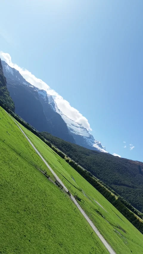 Vertical Aerial View of Rob Roy Glacier Valley New Zealand Video stock 336379947