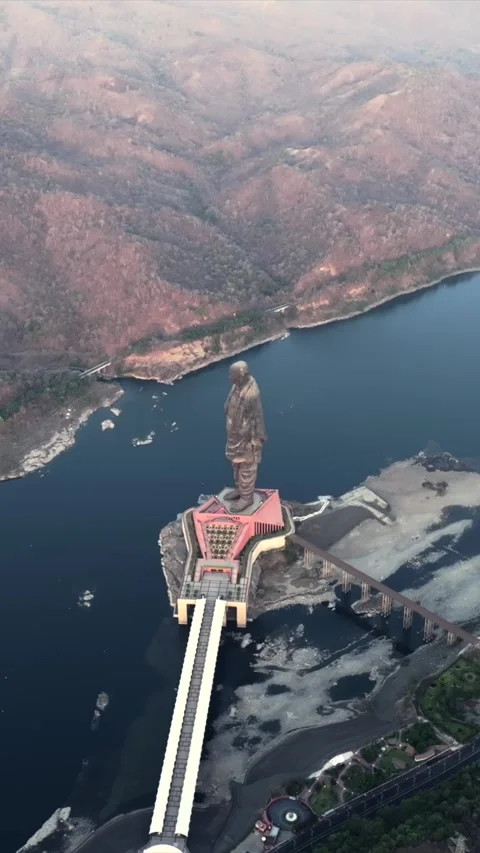 Vertical Aerial View of Statue of Unity and Narmada River Gujarat Stock Footage 347366549