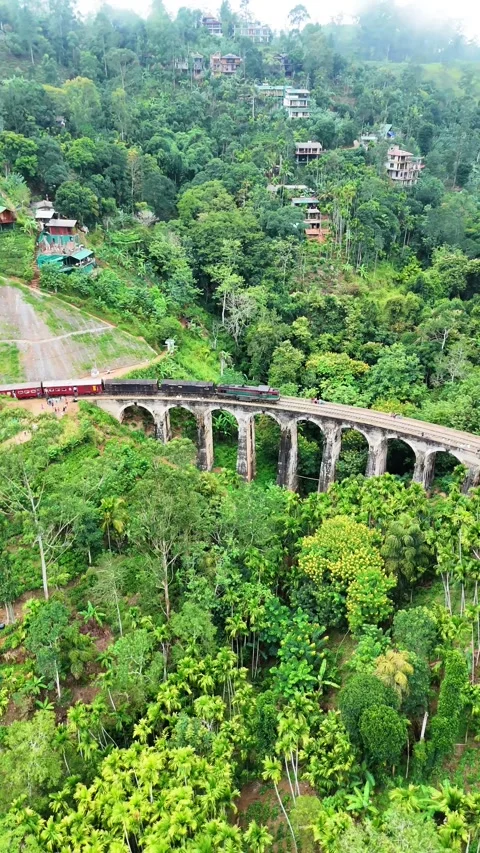Vertical Aerial View of Train Crossing Nine Arch Bridge in Ella, Sri Lanka Video stock 321637610