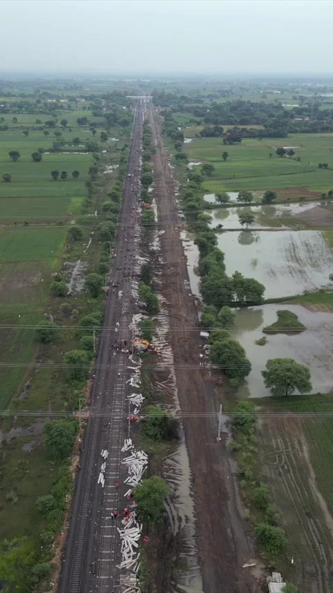 Vertical Aerial View of Train Derailment Accident Site in Damoh Madhya Pradesh Stock Footage 347366214