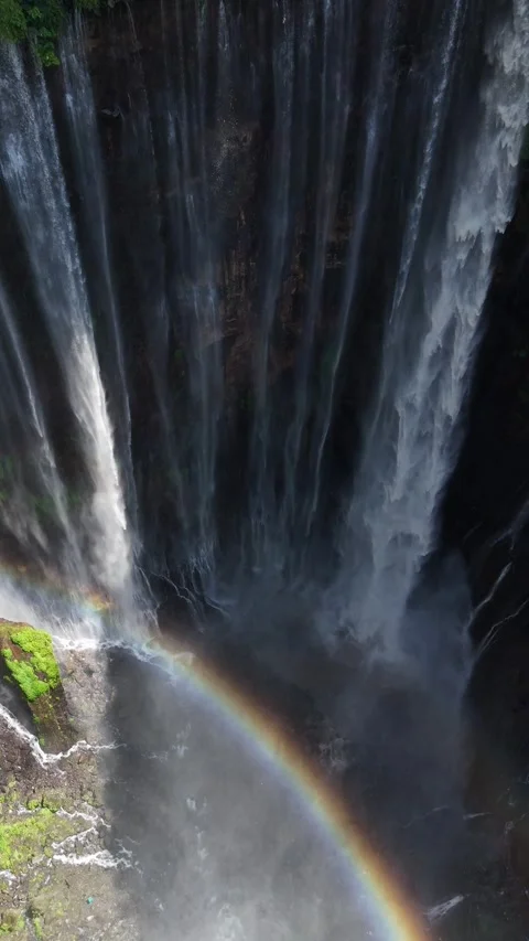 Vertical Aerial View of Tumpak Sewu Waterfall Indonesia 4K 9x16 Stock Footage 329629720
