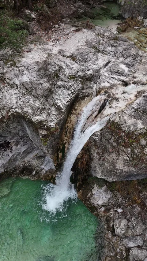 Vertical Aerial view of the Waterfalls on the river Ourlia near Dion village, Ol Video stock 299749705