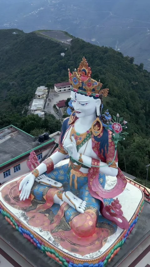Vertical Aerial View of White Tara Statue at Tawang Видео 339885723