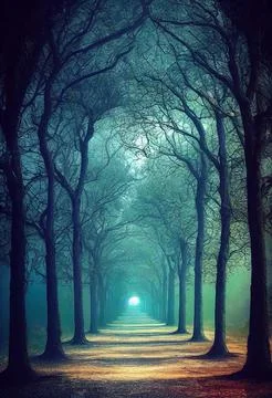 Vertical AI-generated digital art of an avenue with trees Stock Illustration