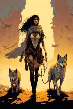 Vertical AI generated digital art of a female with wolves Ilustração Stock