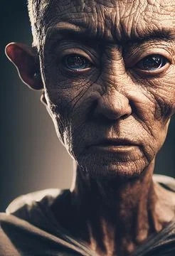 Vertical AI-generated image of a realistic scary alien face with wrinkles and gl Illustrazione stock