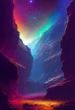 Vertical AI-generated realistic underground cavern with abstract surreal colors Ilustración de archivo