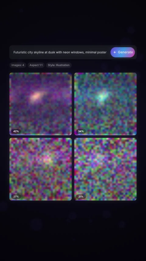 Vertical AI image generator renders four neon skyline posters from color nois 库存影片 346919758