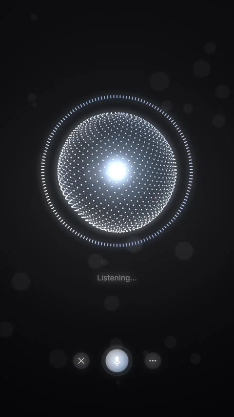 Vertical AI voice assistant with ice blue particle sphere listening and spe.. 库存影片 346915775