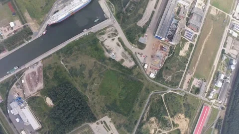 Vertical airplane view of LNG terminal and Nord Steam 1 in Lubmin Stock Footage 248965019