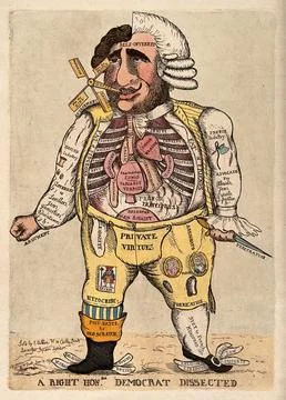 A vertical anatomical bisection of Charles James Fox, one half of him dress.. Stock Illustration