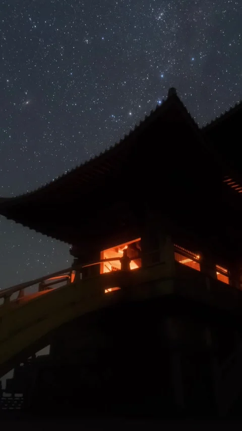 Vertical Ancient Chinese Building Starry Night Sky Milky Way Timelapse Vista Stock Footage 327478400