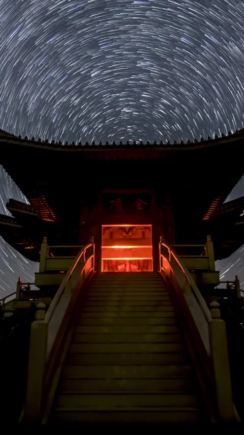 Vertical Ancient Chinese Building Starry Night Sky Milky Way Timelapse Vista Stock Footage 327478445