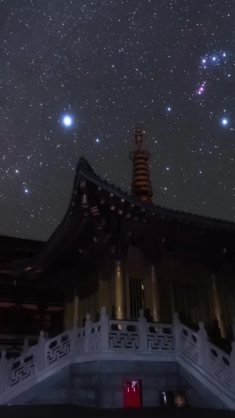 Vertical Ancient Chinese Building Starry Night Sky Milky Way Timelapse Vista Stock Footage 327478563