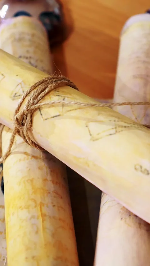 Vertical. Ancient parchment, bound by time. Aged scrolls and candles. Stock Footage 305159799
