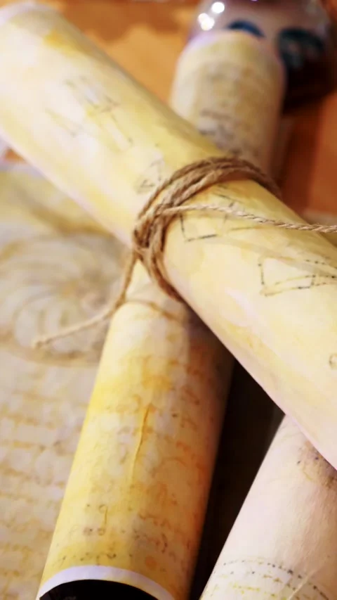 Vertical. Ancient parchment, bound by time. Aged scrolls and candles. Stock Footage 305159855