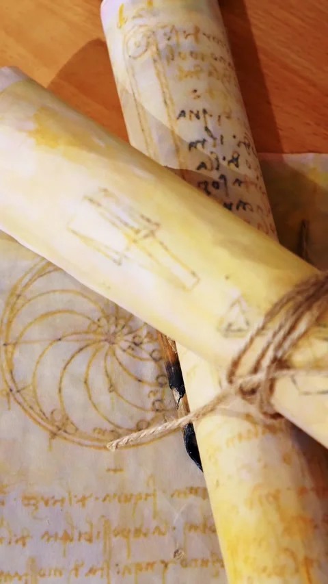 Vertical. Ancient parchment, bound by time. Aged scrolls and candles. Stock Footage 305159873