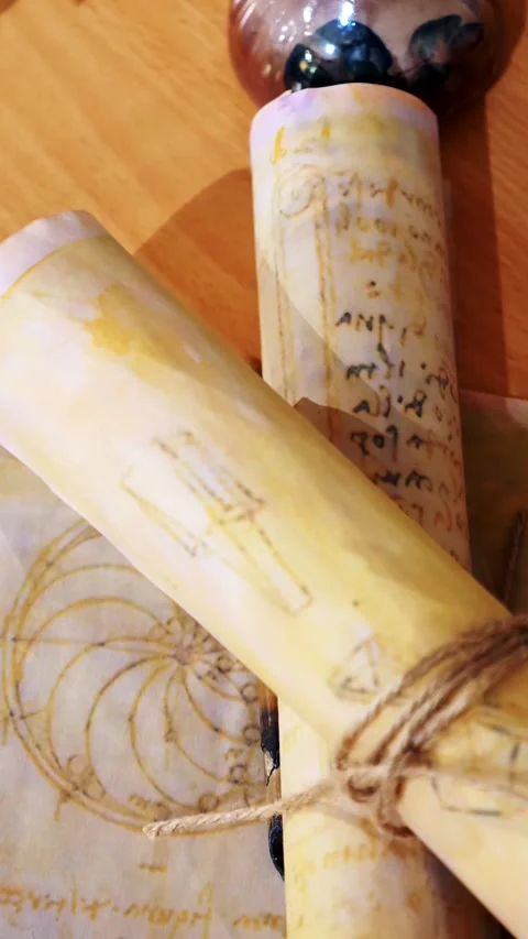 Vertical. Ancient parchment, bound by time. Aged scrolls and candles. Stock Footage 305159905